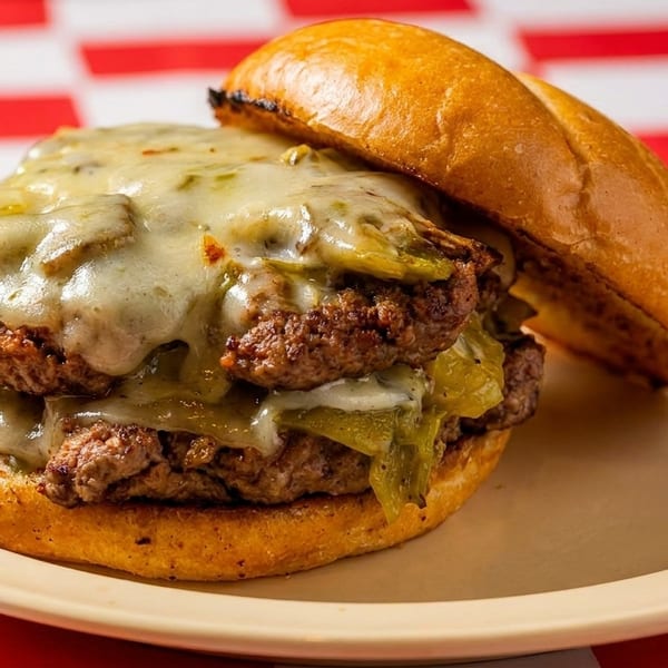 Double cheeseburger with melted cheese and green chiles on a toasted bun, on a yellow plate.