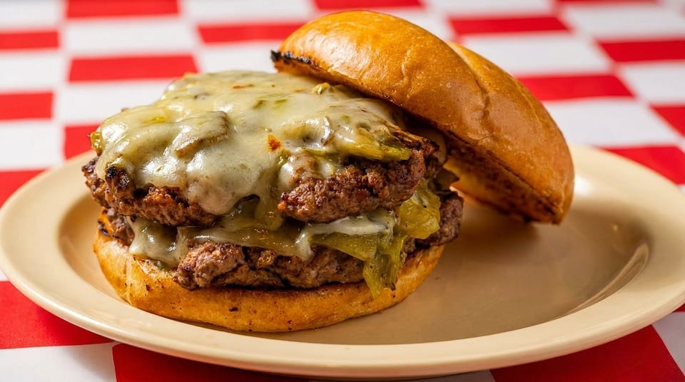 Double cheeseburger with melted cheese and green chiles on a toasted bun, on a yellow plate.