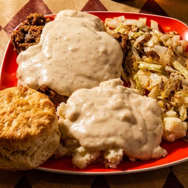 A red plate holds chicken fried steak with gravy, mashed potatoes, fried cabbage, and a biscuit.