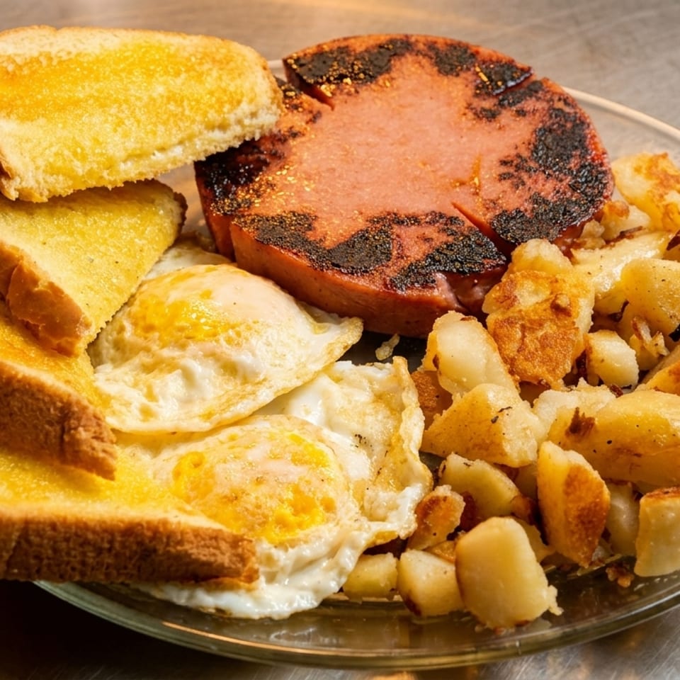 A breakfast plate with grilled bologna, fried eggs, home fries, and buttered toast.