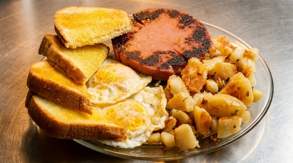 A breakfast plate with grilled bologna, fried eggs, home fries, and buttered toast.