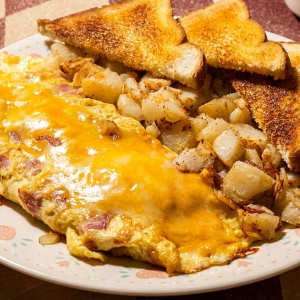 A cheese omelet with bacon, home fries, and toast on a white plate with a checkered tablecloth.