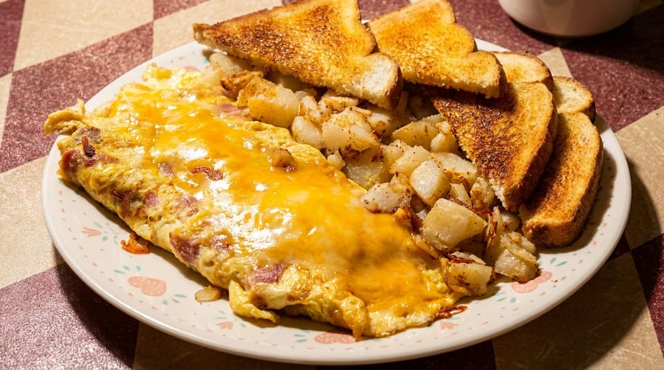 A cheese omelet with bacon, home fries, and toast on a white plate with a checkered tablecloth.
