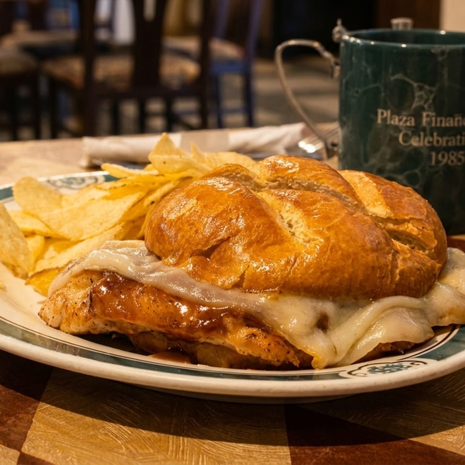 A chicken sandwich with melted cheese and chips on a plate, next to a green mug.