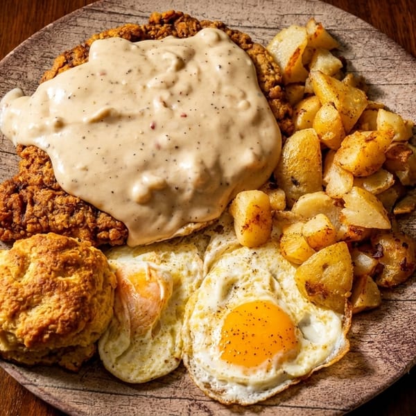 Chicken fried steak with gravy, fried eggs, biscuits, and home fries on a rustic plate.
