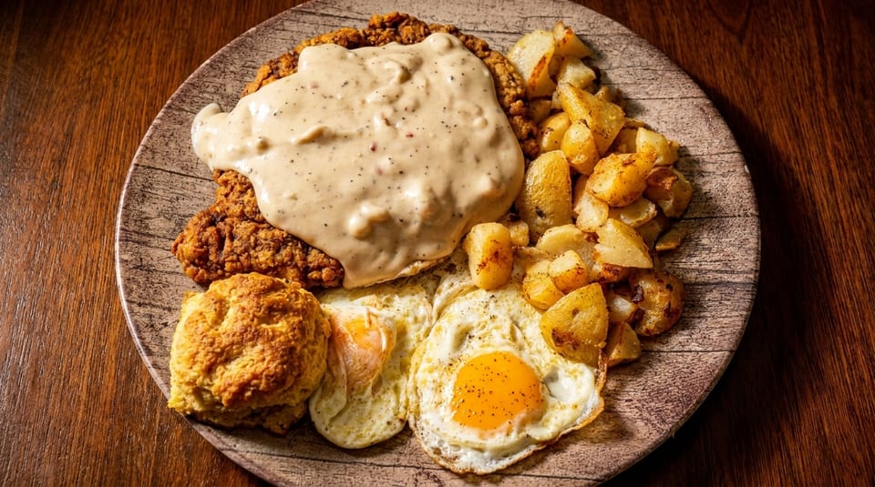 Chicken fried steak with gravy, fried eggs, biscuits, and home fries on a rustic plate.